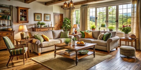 Obraz premium Arrange your living room furniture in a delightful village setting, allowing natural light to fill the space and charming decor to enhance its cozy ambiance.