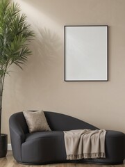Mockup poster frame in cream living room interior background, mockup frame design, frame mockup