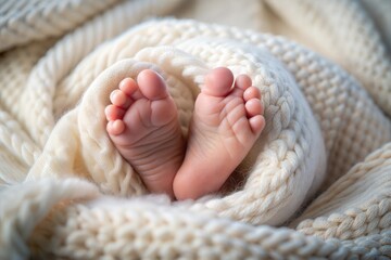 Newborn baby feet wrapped in soft knitted blanket