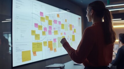A project manager leading a mapping session, where a diverse team is using sticky notes and mind-mapping software to connect innovative ideas on a large interactive screen.