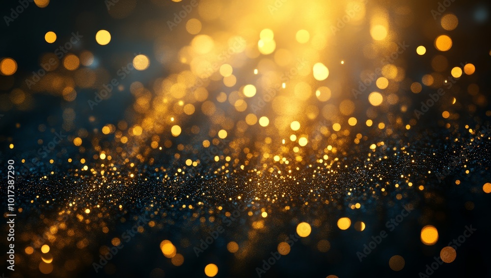 Poster abstract glowing golden bokeh lights on a dark background with scattered glitter.