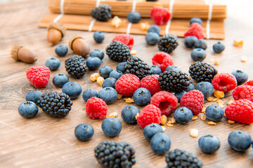 Close-up composition, assorted mix berries: blackberries, blueberries, raspberries