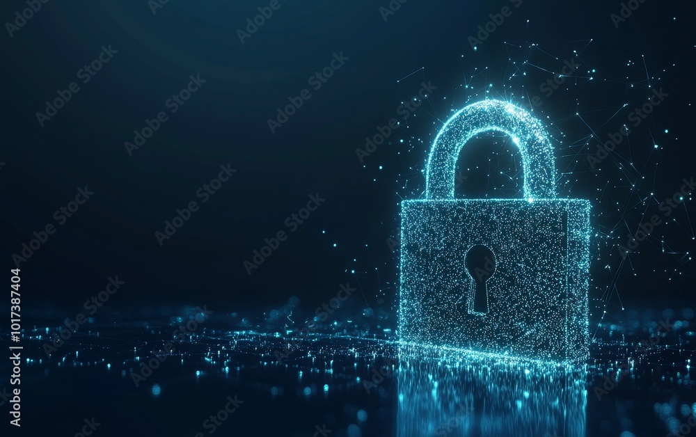 Poster glowing digital padlock on dark blue background with bokeh.