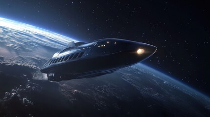 Obraz premium A reusable spacecraft landing smoothly back on Earth after a successful mission, with the sleek, futuristic design glowing as it re-enters the atmosphere.