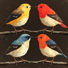 Fototapeta premium Four birds of different colors are sitting on a branch