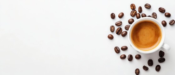Fototapeta premium Top view of a cup of espresso coffee with scattered coffee beans on a white background.