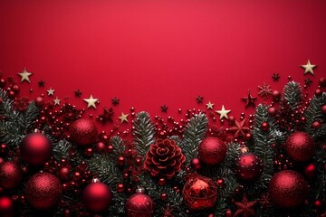 red christmas decorations on a solid red background
