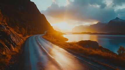 Fototapeta premium Coastal road at sunrise with the sea in the background. Scandinavian Fjords. Illustration