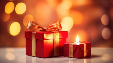 Red Gift Box with Golden Bow and a Lit Candle