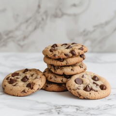 a stack of chocolate chip cookies sitting on top of a table