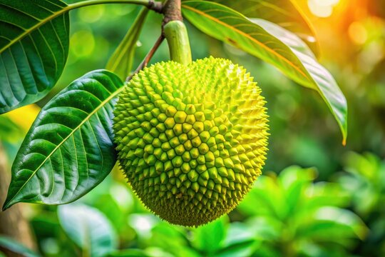 Amidst a bright tropical scene, the vivid jicaro fruit stands out, framed by lush green leaves that enhance its natural beauty and vitality.