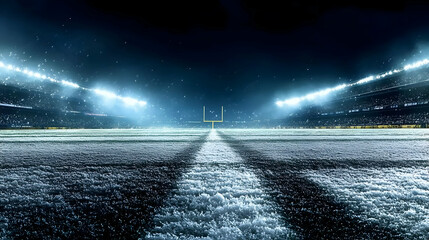 Snow-covered football field under stadium lights at night.
