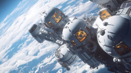 A self-sufficient space habitat orbiting a gas giant, with multiple interconnected modules providing housing, agriculture, and research labs for long-term human habitation.