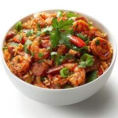 Fototapeta premium a white bowl filled with pasta and shrimp