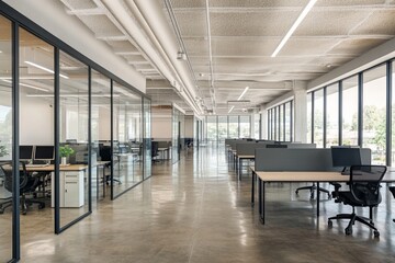 Modern open-plan office with glass walls, desks, black chairs, and computers on empty table, concrete floor, and well-lit ceiling fixtures.