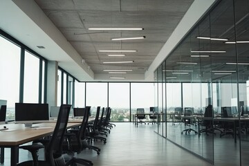 Fototapeta premium Modern open-plan office with glass walls, desks, black chairs, and computers on empty table, concrete floor, and well-lit ceiling fixtures.