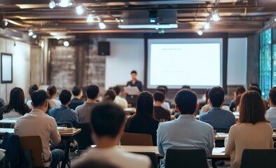 Asian corporate training workshop with professionals in casual attire listening to speaker on stage, taking notes at desks, modern decor and relaxed atmosphere.
