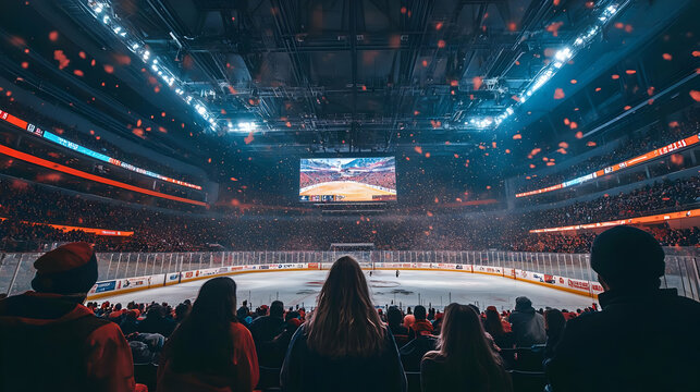 Spectators watching a hockey game in a packed arena.