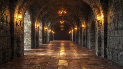 Obraz premium Eerie spooky castle with stone walls haunted corridors hidden dungeons creaking doors photorealistic style atmospheric lighting wideangle