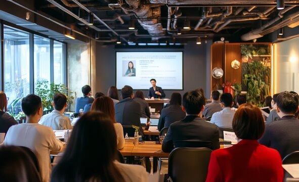 Asian corporate training workshop with professionals in casual attire listening to speaker on stage, taking notes at desks, modern decor and relaxed atmosphere.