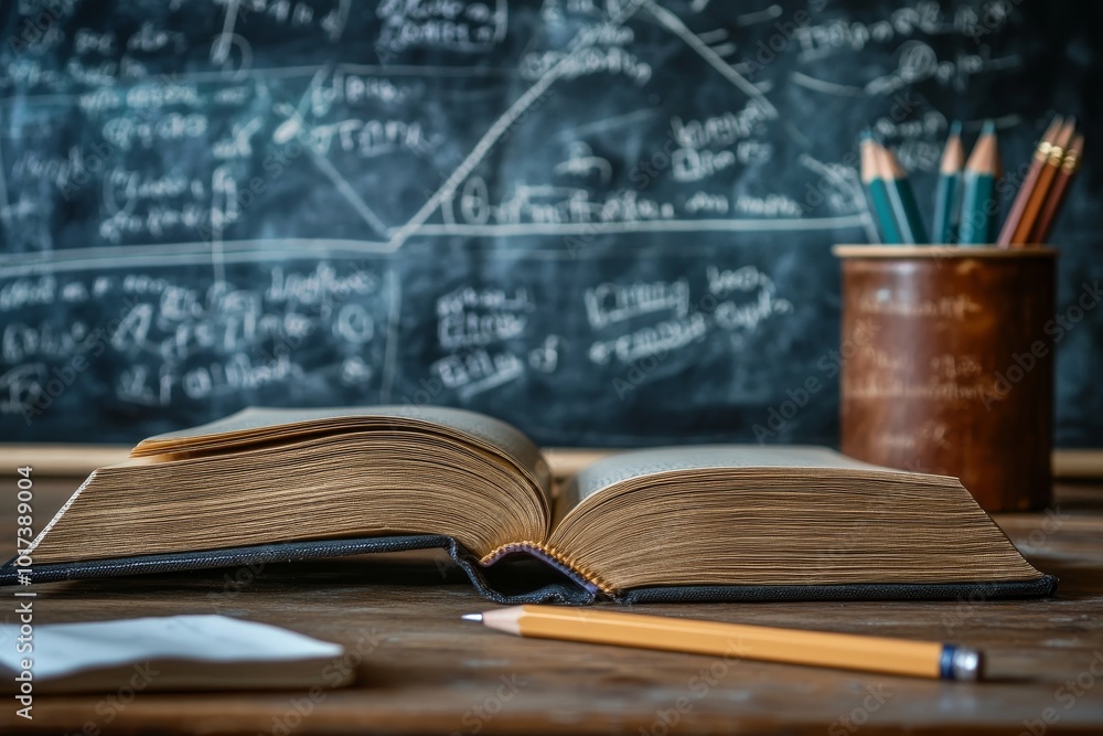 Aufkleber open book with a pencil on a desk in front of a chalkboard with writing.