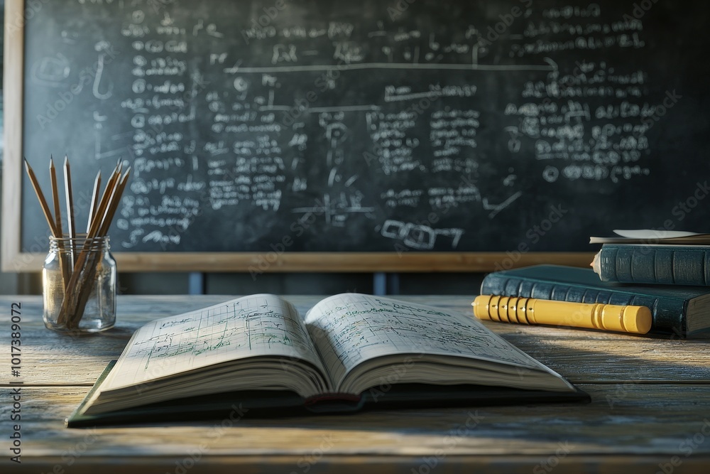 Aufkleber an open book with math equations lies on a wooden table with a chalkboard behind it, pencils in a gl