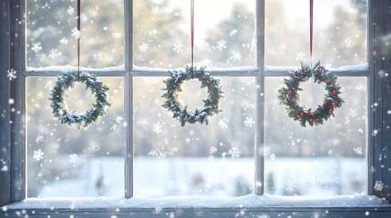 Three Christmas Wreaths Hanging in a Snowy Window