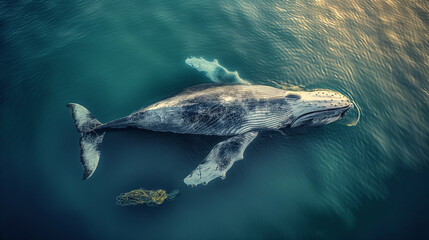 Fototapeta premium Large whale swimming in turquoise toxic dangerous water with ripples representing concept of environmental pollution