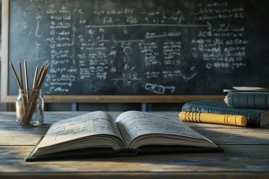 An open book with math equations lies on a wooden table with a chalkboard behind it, pencils in a glass jar, and other books stacked behind the book.