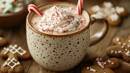 A close-up of a warm, glowing mug of hot cocoa with whipped cream and candy cane stirrers, sitting on a rustic wooden table.