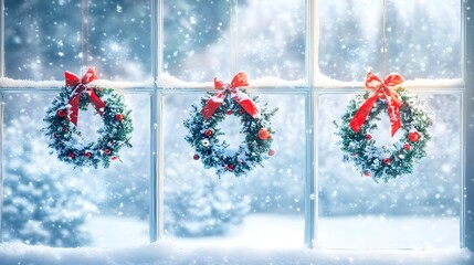 Three Snowy Christmas Wreaths Hanging in a Window