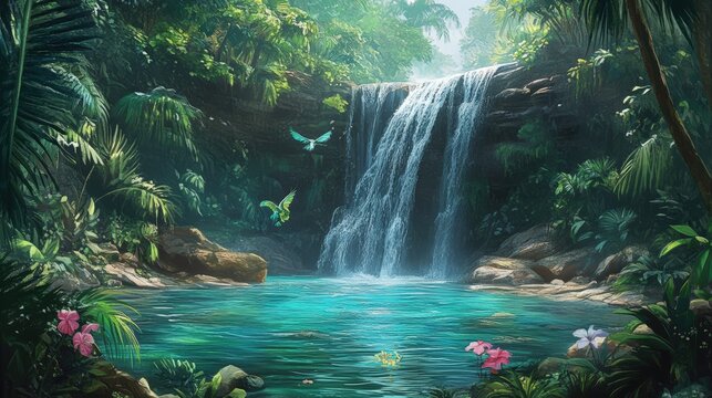 Tropical waterfall with lush foliage and birds.