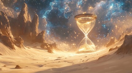 Hourglass in a desert under starry sky.