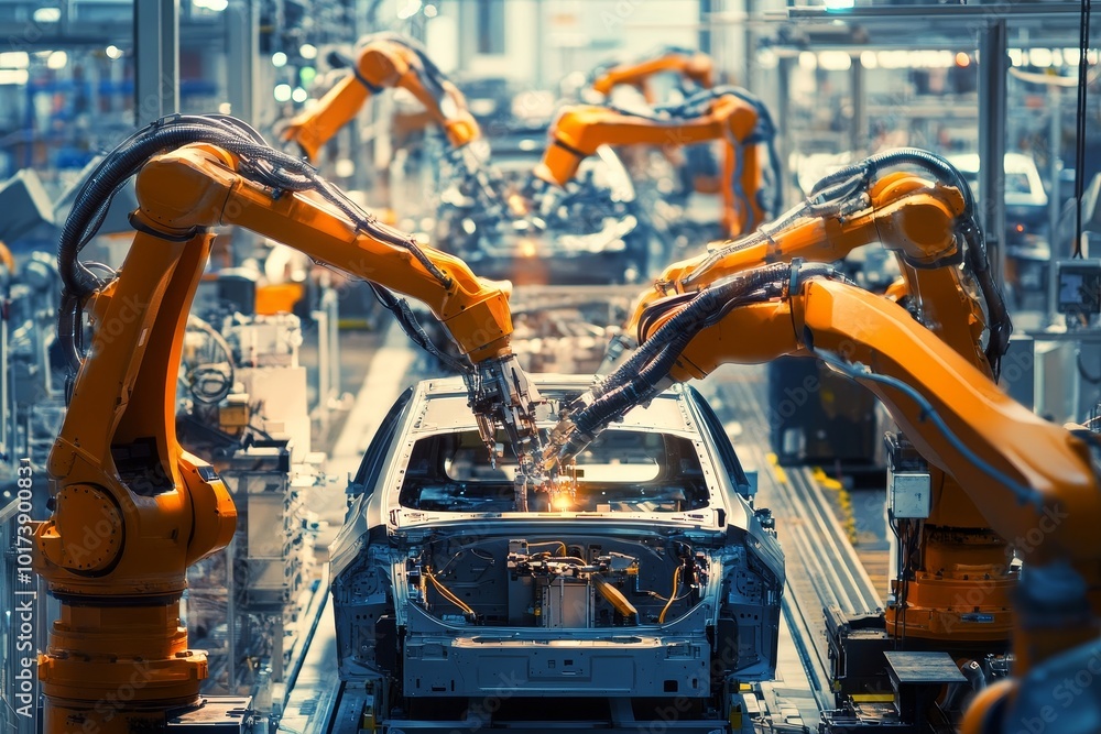 Poster Automated robotic arms working on a car body in a factory.