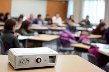 White projector on table in front of students in a classroom with natural light, students taking notes, and focused expressions, captured in professional photography style.