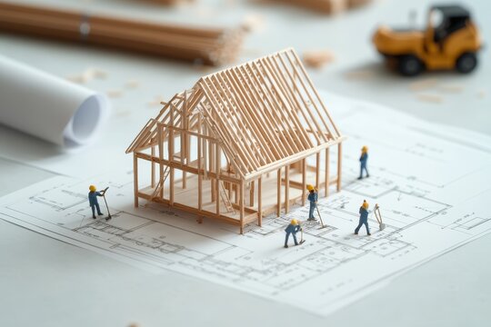 Miniature construction workers building a wooden house frame on a blueprint.