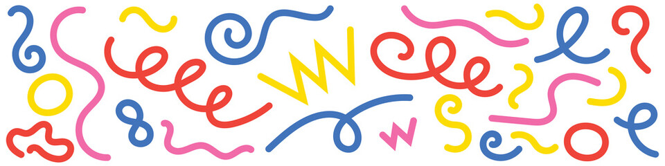 Abstract line and shapes pattern. Memphis squiggle texture. Colorful and fun children's party background. Vector illustration.