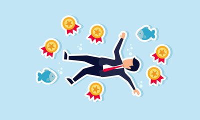A businessman is submerged with a collection of awards and fish around him, illustrating being trapped in a business situation that ruined his career.