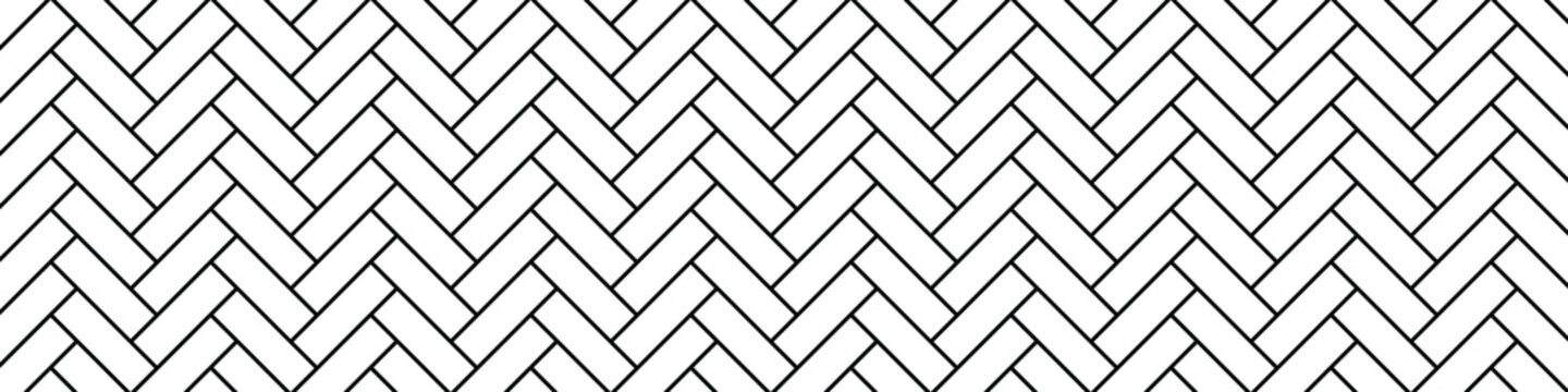 Black and white herringbone tile seamless pattern. Floor, parquet, ceramic surfaces texture. Subway stone or ceramic wall background. Kitchen backsplash or bathroom wall texture. Vector illustration.