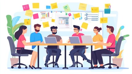 A team of young creatives in a startup office brainstorming fresh ideas for a social media marketing campaign, surrounded by colorful sticky notes and laptops showing analytics.