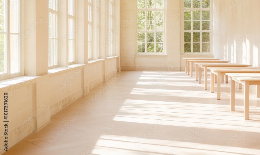 Poster sunlit elegant library reading area with classic design and minimalist furniture in educational sett