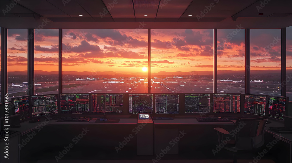 Poster sunset view from an air traffic control tower with multiple screens.