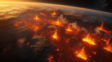 A view from orbit of a volcanic planet with hundreds of active volcanoes spewing ash and fire into space, creating a red-orange glow around the entire planet.