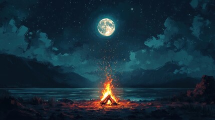 Campfire Under a Full Moon