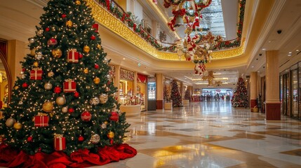 Fototapeta premium A Festive Holiday Display With Decorated Christmas Trees and Sparkling Lights in an Elegant Shopping Mall