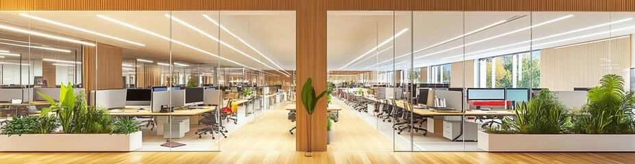 Modern open-space office interior with glass walls, wooden flooring, desks, computers, and light-colored wood paneling, creating a professional, minimalist, and collaborative workspace atmosphere.