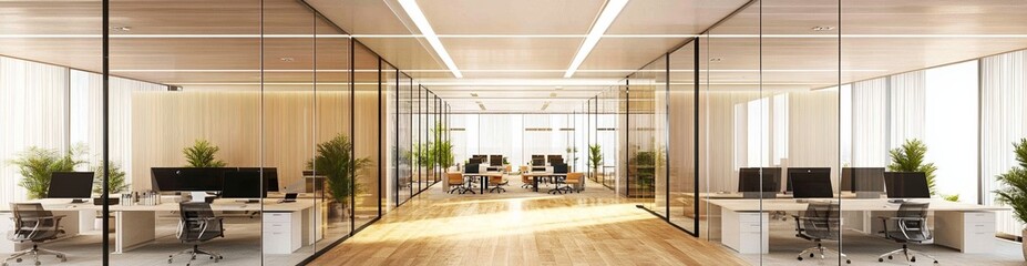 Modern open-space office interior with glass walls, wooden flooring, desks, computers, and light-colored wood paneling, creating a professional, minimalist, and collaborative workspace atmosphere.