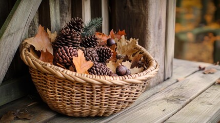 A warm autumn setup featuring a woven basket filled with pinecones, acorns, and dried leaves, set on a wooden porch.