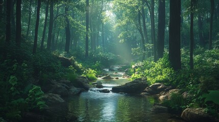 Sunbeams illuminate a creek in a misty forest.