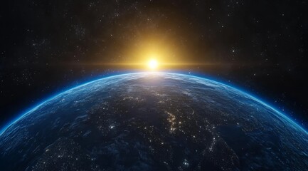 A stunning view of the Earth from space, with the sun rising over the horizon and illuminating the planet.